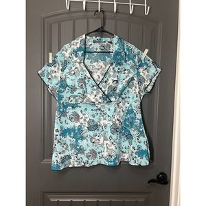Blue Diamond Plus Short Sleeve Teal/White Floral Paisley Faux Wrap Top Size 20w